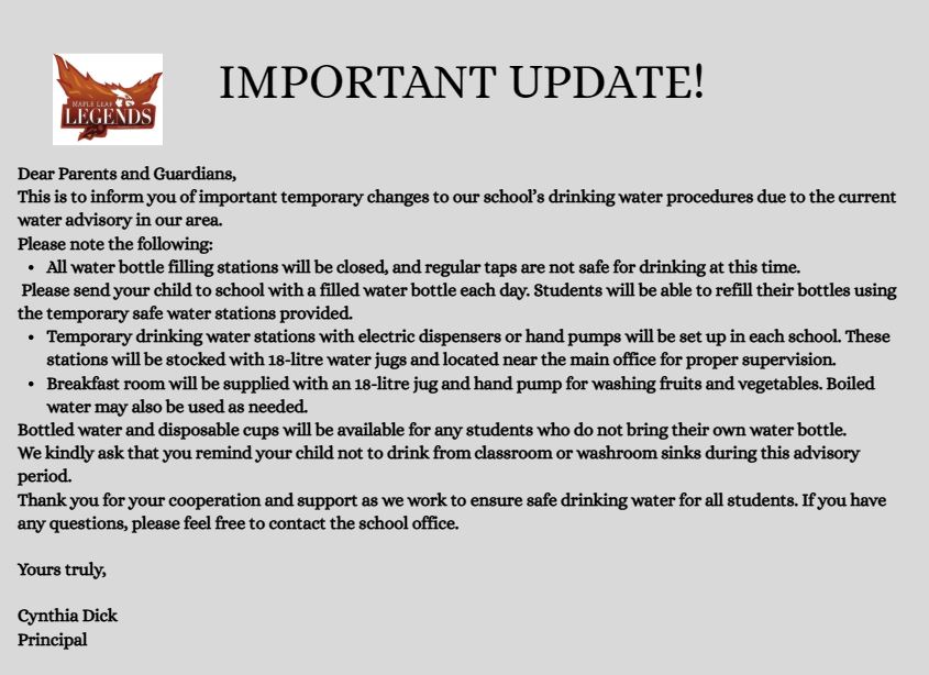 Important Update regarding drinking water at school