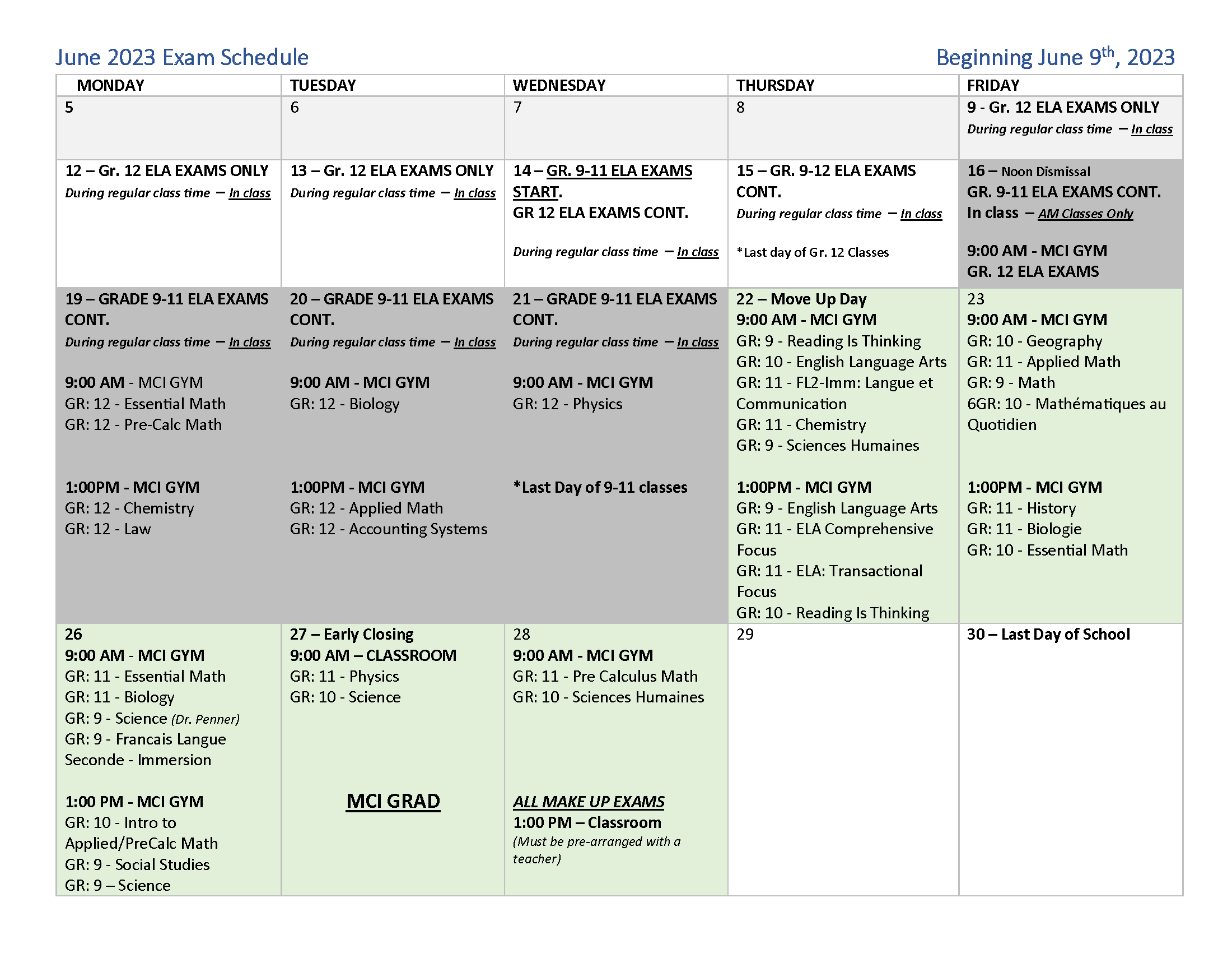 June 2023 Exam Schedule